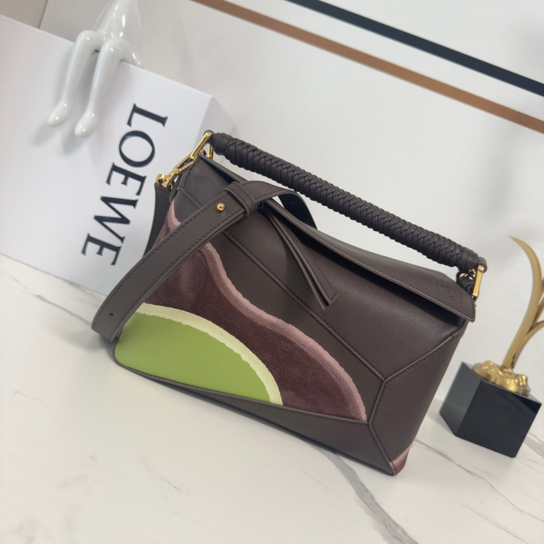 Loewe Puzzle Handbag 24 in Chocolate & Light Moss Suede 274174