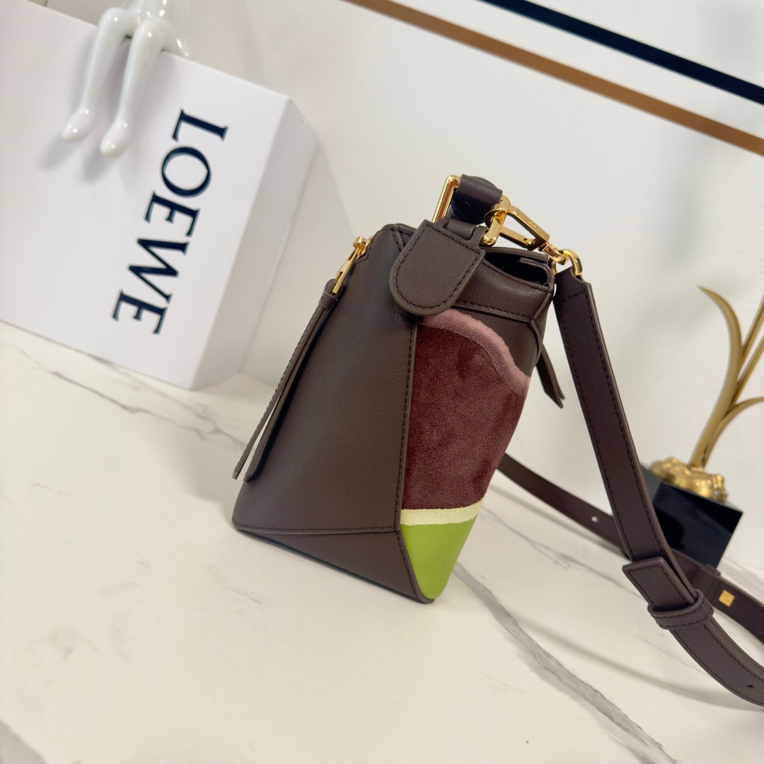 Loewe Puzzle Handbag 24 in Chocolate & Light Moss Suede 274174