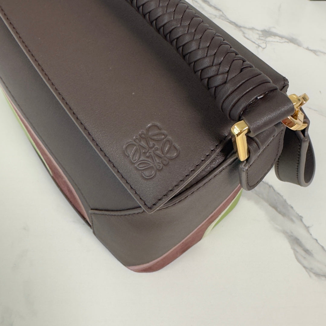 Loewe Puzzle Handbag 24 in Chocolate & Light Moss Suede 274174