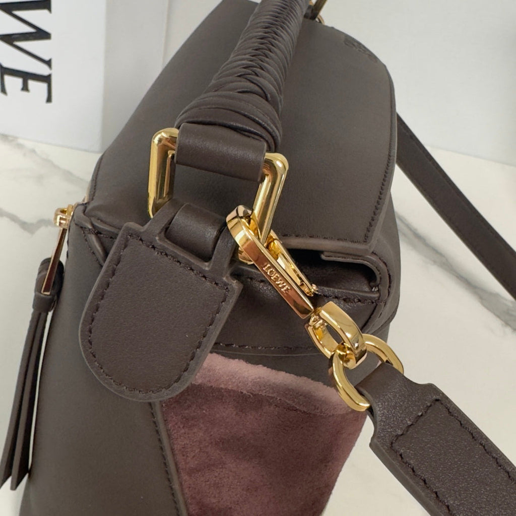 Loewe Puzzle Handbag 24 in Chocolate & Light Moss Suede 274174