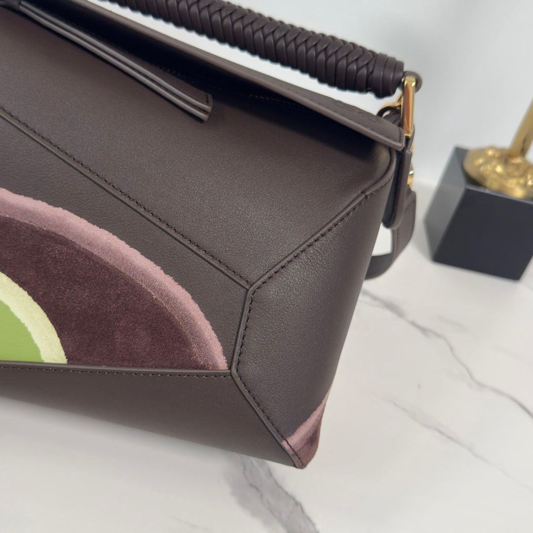 Loewe Puzzle Handbag 24 in Chocolate & Light Moss Suede 274174