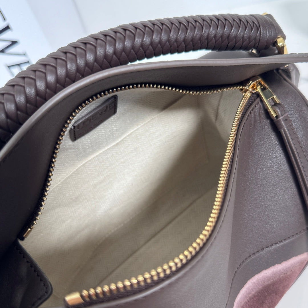 Loewe Puzzle Handbag 24 in Chocolate & Light Moss Suede 274174