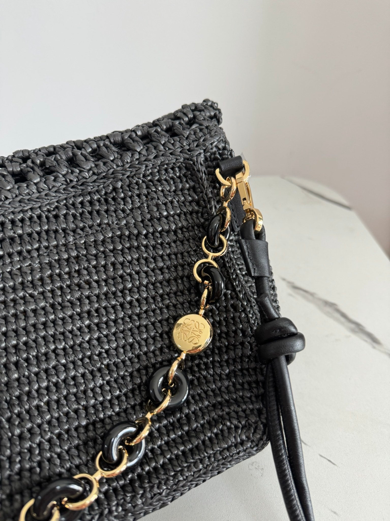 LOE Ola Bag 26 Black in Raffia and Calfskin 274683