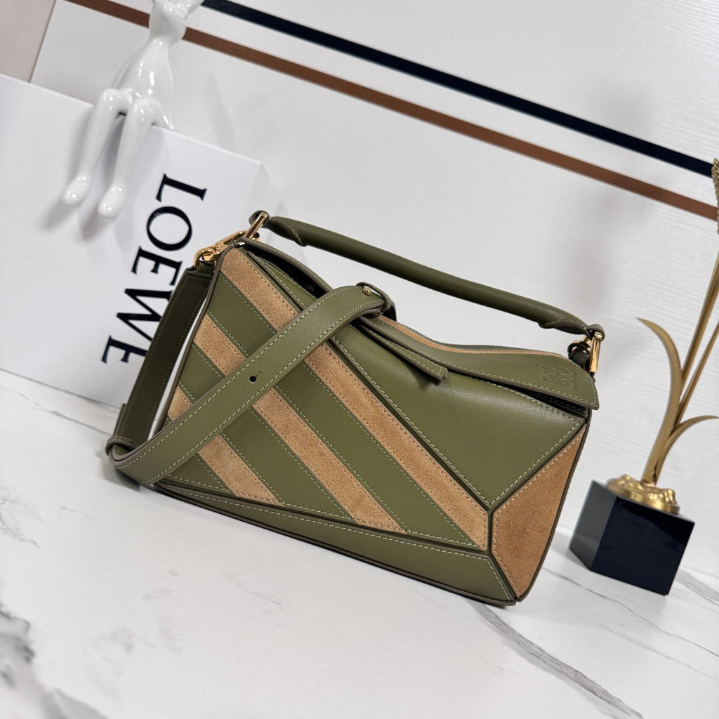 Loewe Small Puzzle bag 24 in Classic Green Cowhide and Suede 274495
