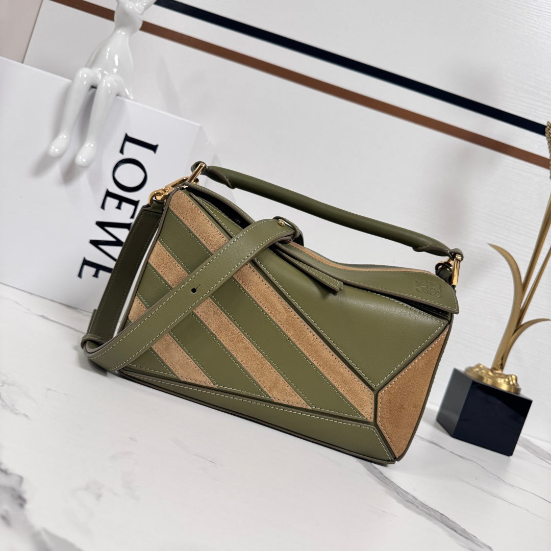 Loewe Small Puzzle bag 24 in Classic Green Cowhide and Suede 274495