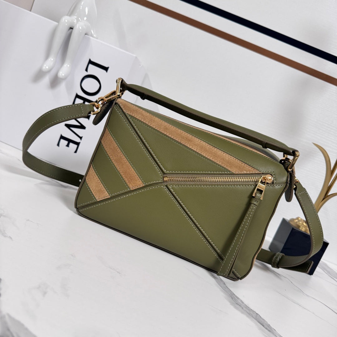 Loewe Small Puzzle bag 24 in Classic Green Cowhide and Suede 274495