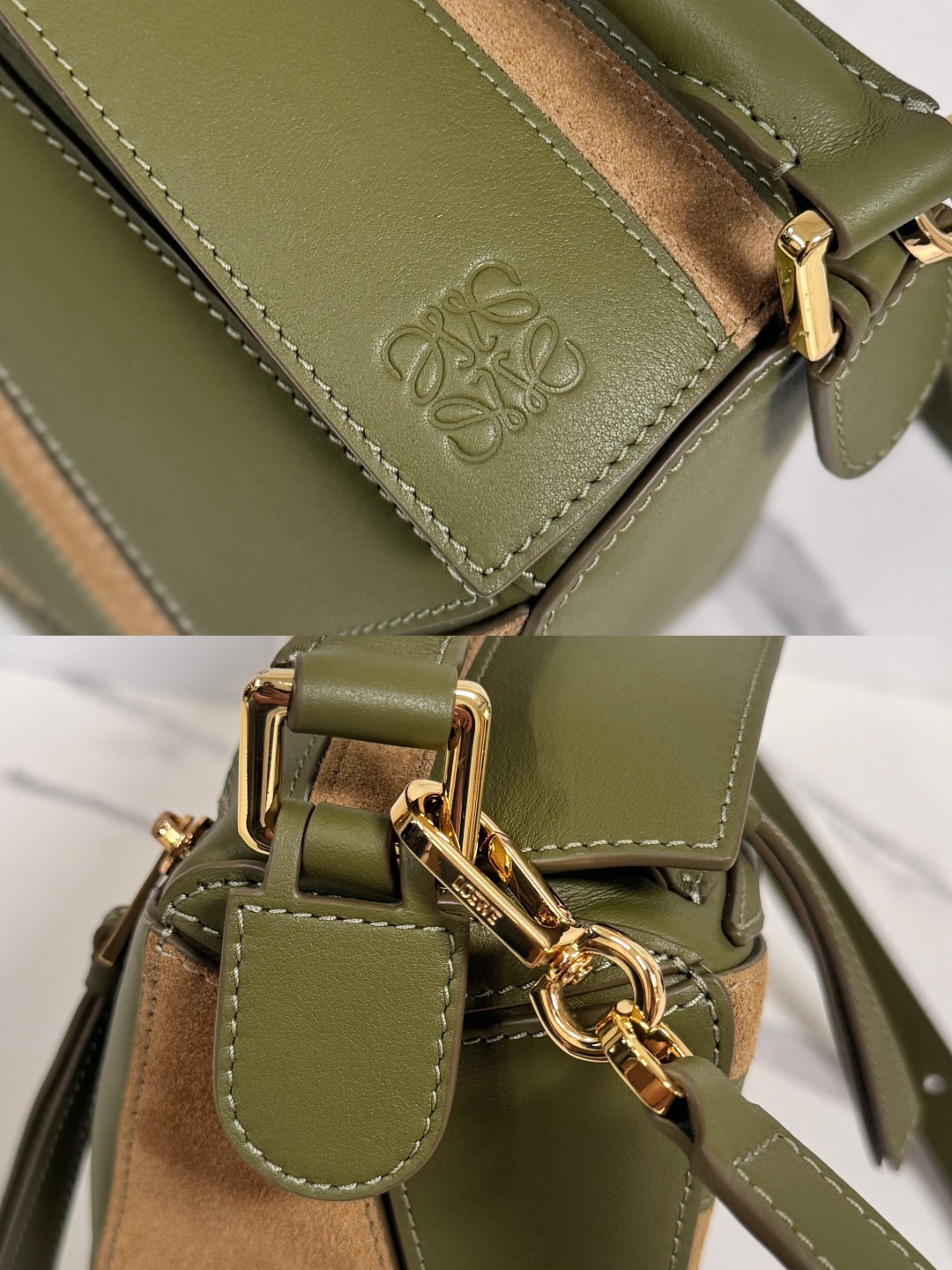 Loewe Small Puzzle bag 24 in Classic Green Cowhide and Suede 274495