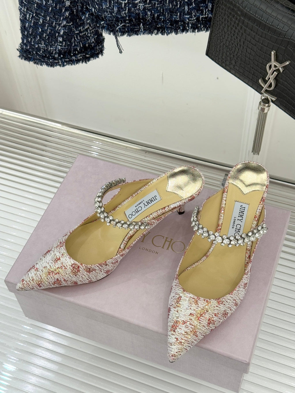 Jimmy Choo Classic Diamond Chain Point Toe Mules Light Pink Sheepskin 573547