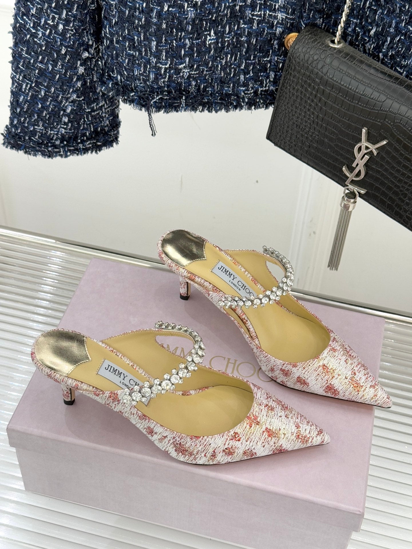 Jimmy Choo Classic Diamond Chain Point Toe Mules Light Pink Sheepskin 573547