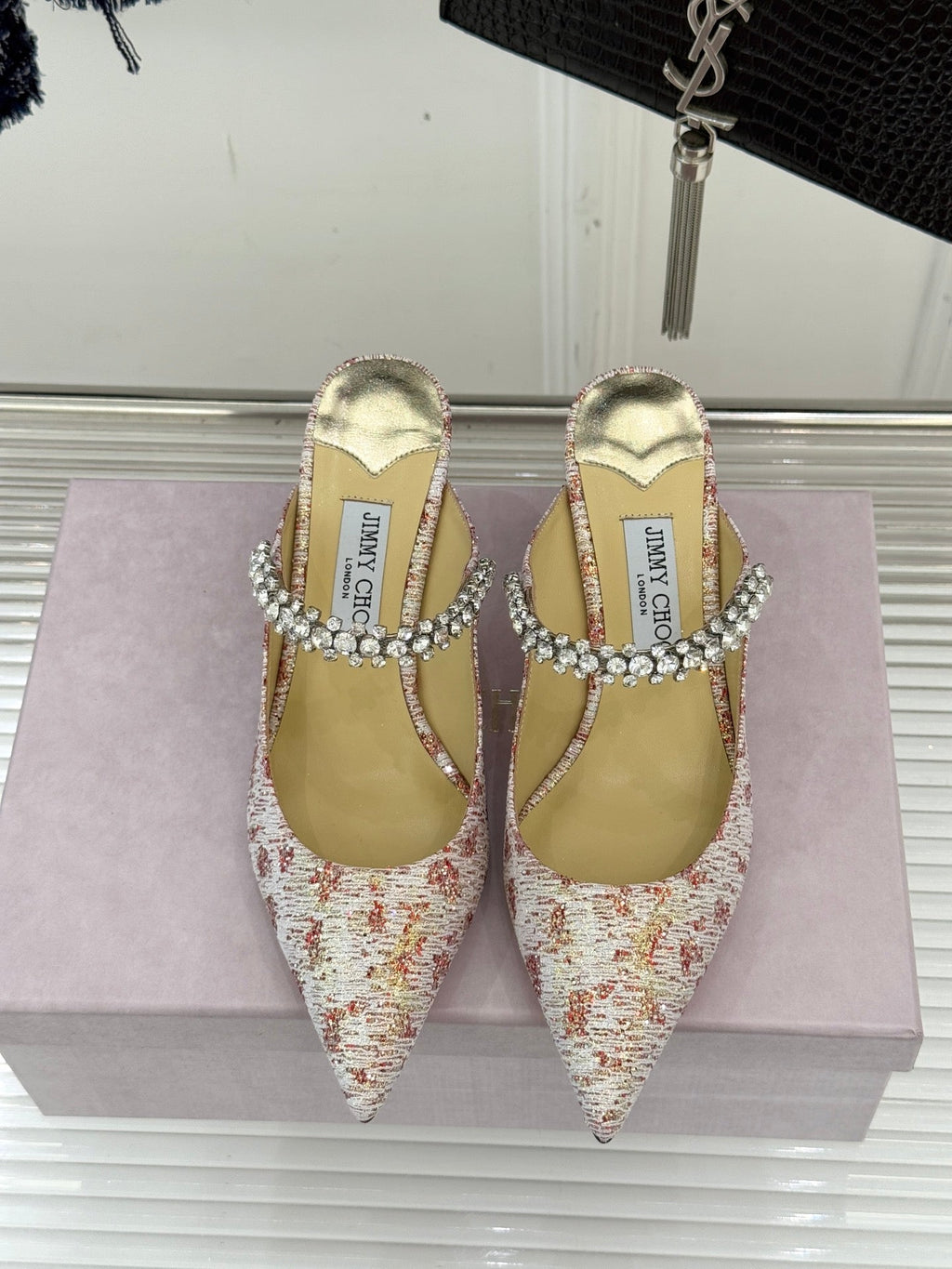 Jimmy Choo Classic Diamond Chain Point Toe Mules Light Pink Sheepskin 573547