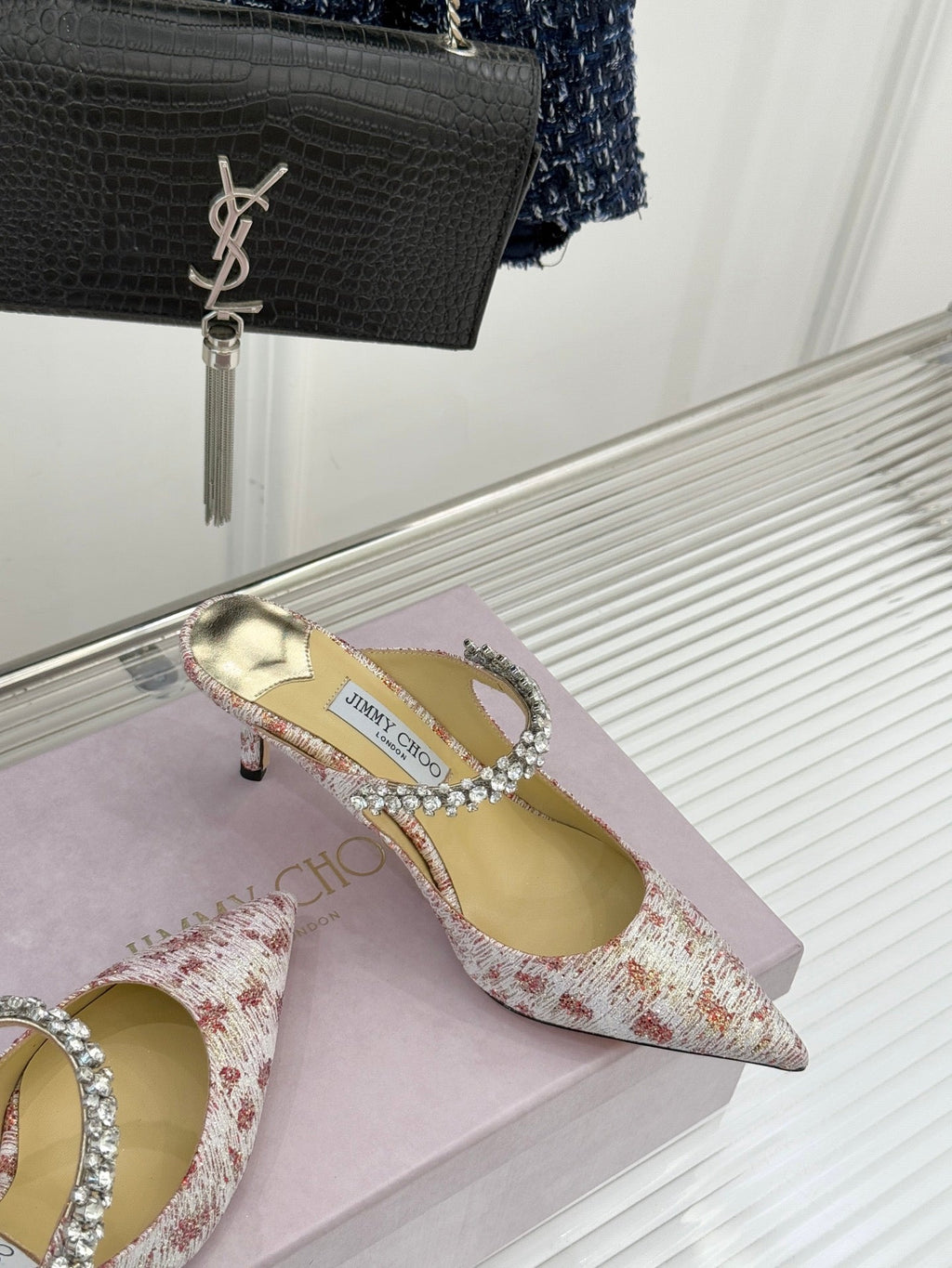 Jimmy Choo Classic Diamond Chain Point Toe Mules Light Pink Sheepskin 573547