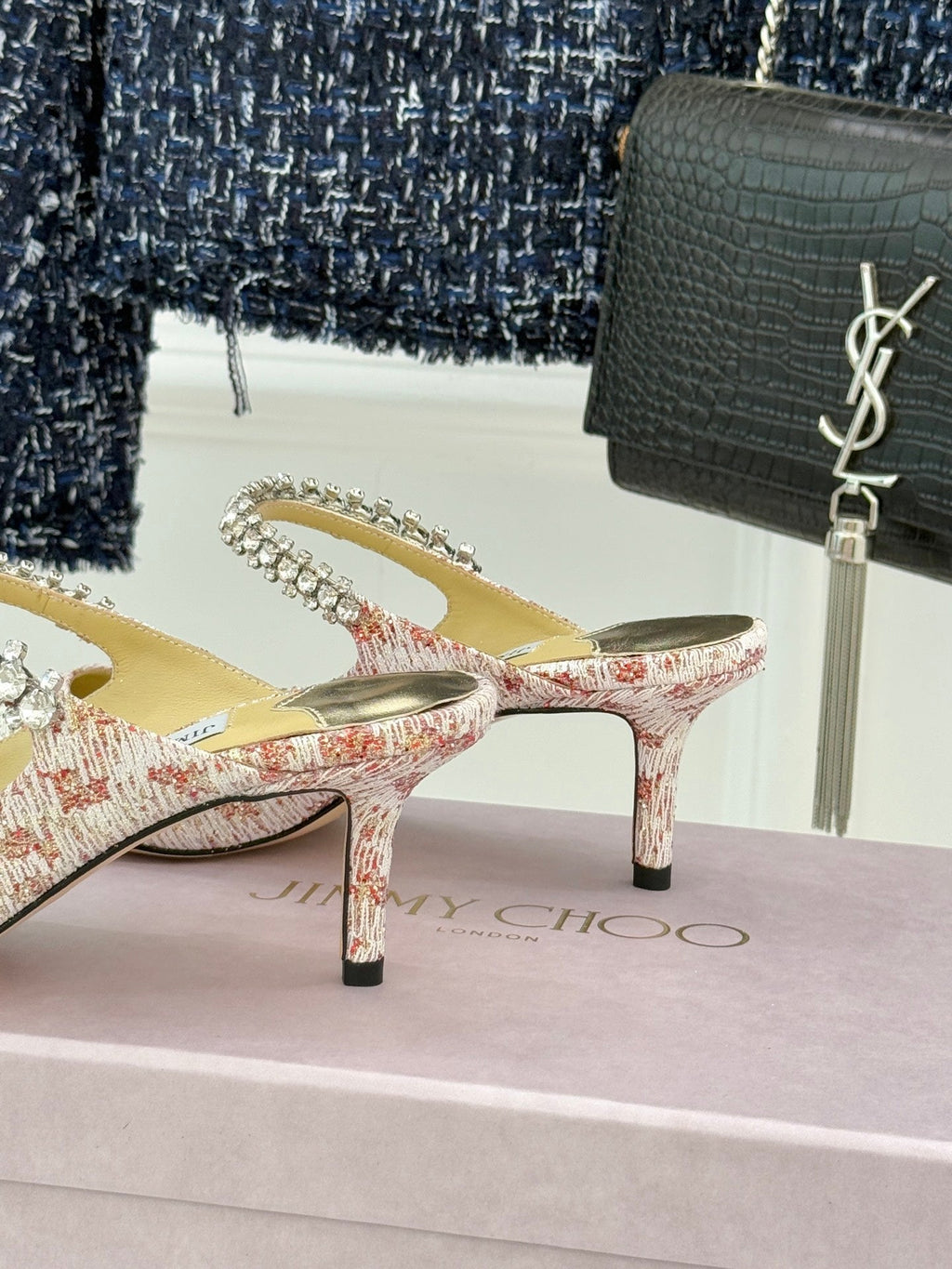 Jimmy Choo Classic Diamond Chain Point Toe Mules Light Pink Sheepskin 573547