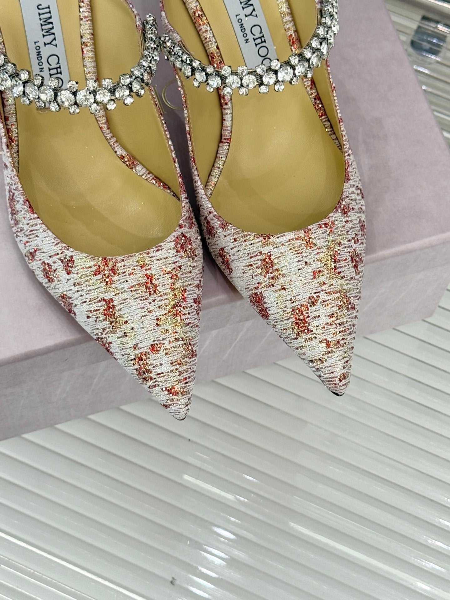 Jimmy Choo Classic Diamond Chain Point Toe Mules Light Pink Sheepskin 573547