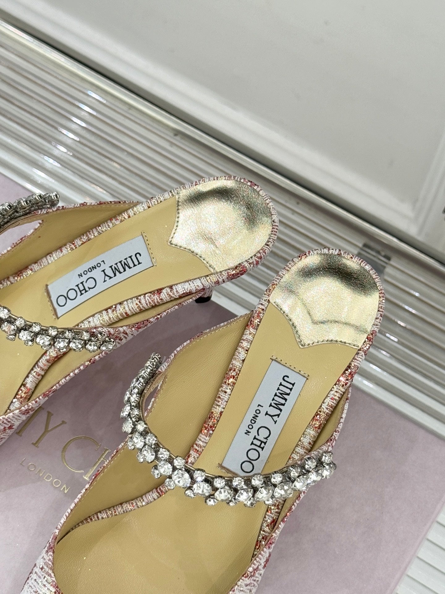 Jimmy Choo Classic Diamond Chain Point Toe Mules Light Pink Sheepskin 573547