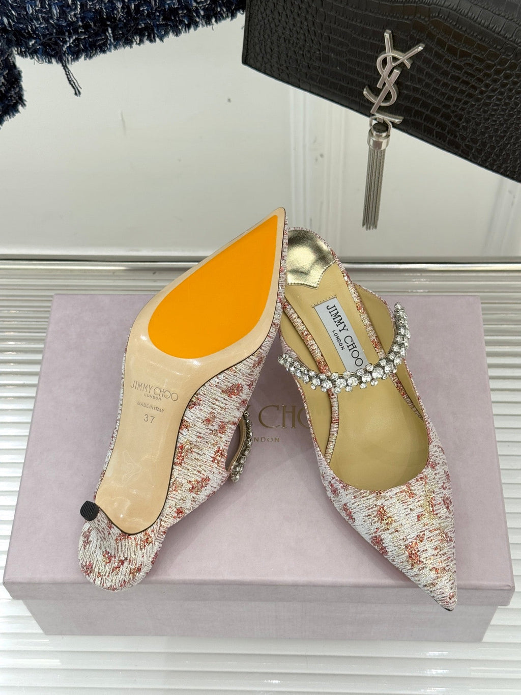 Jimmy Choo Classic Diamond Chain Point Toe Mules Light Pink Sheepskin 573547