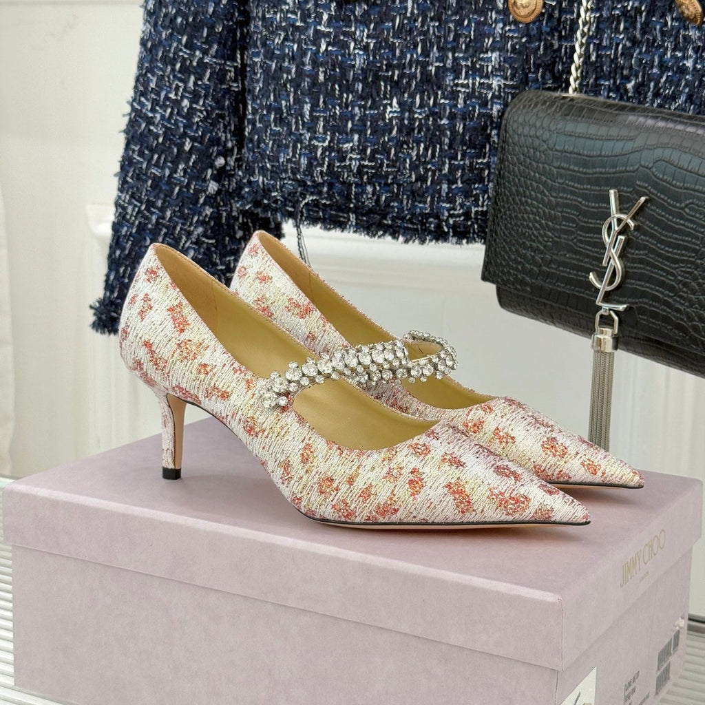 Jimmy Choo Classic Diamond Chain Point Toe High Heels Light Pink Sheepskin 573545