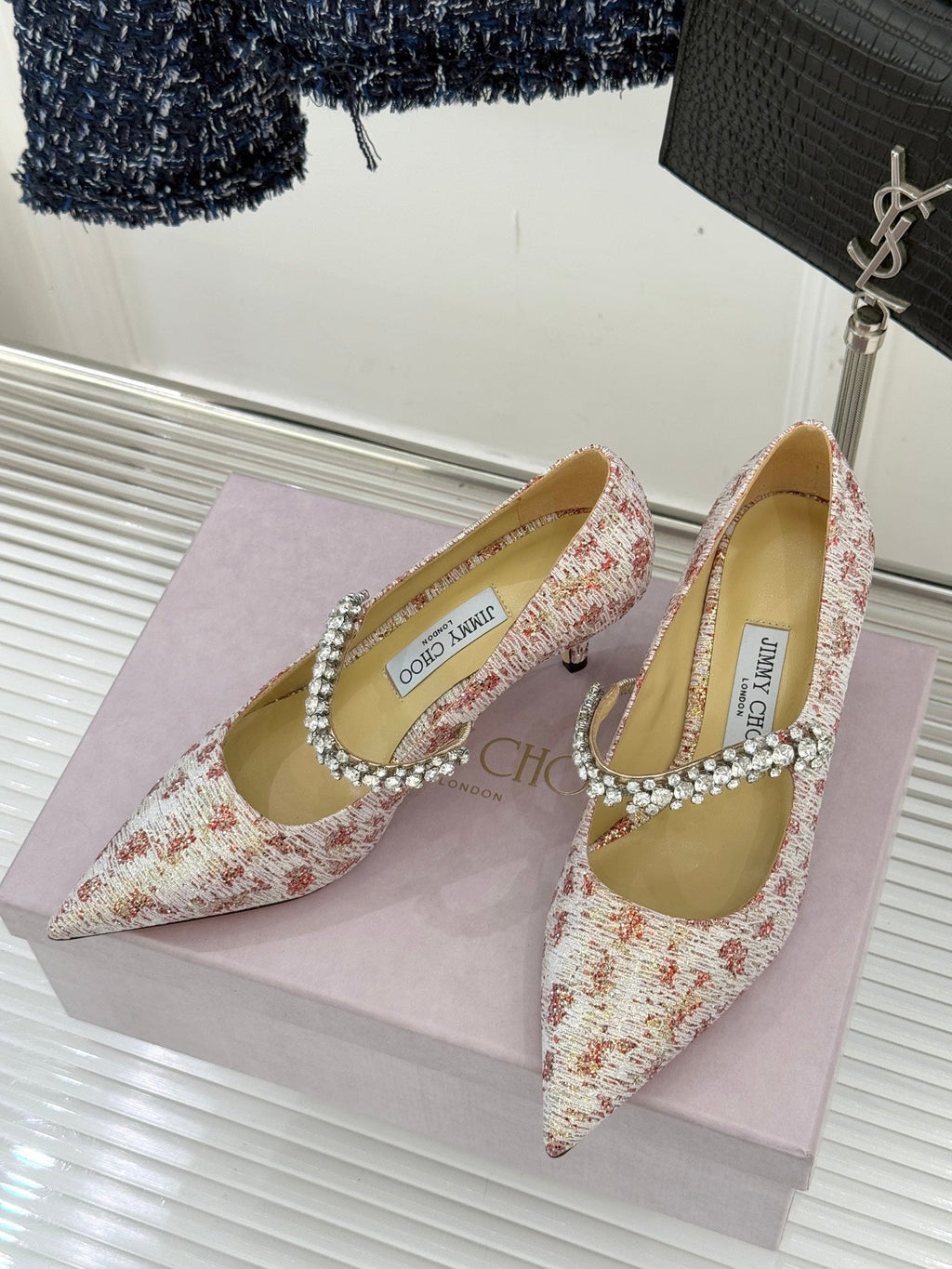 Jimmy Choo Classic Diamond Chain Point Toe High Heels Light Pink Sheepskin 573545