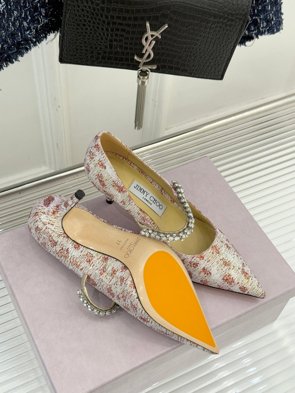 Jimmy Choo Classic Diamond Chain Point Toe High Heels Light Pink Sheepskin 573545