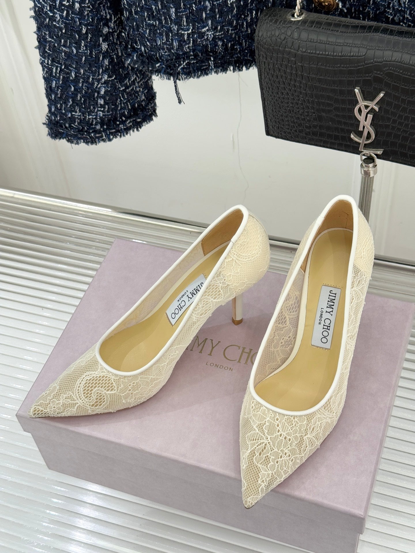 Jimmy Choo Classic Lace 65mm Pointed-Toe High Heels Ivory Sheepskin 573533