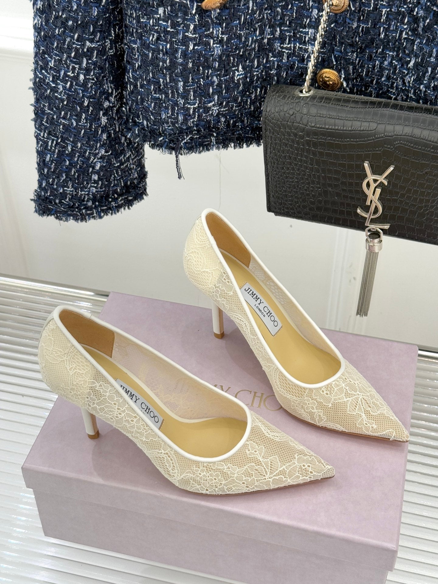 Jimmy Choo Classic Lace 65mm Pointed-Toe High Heels Ivory Sheepskin 573533