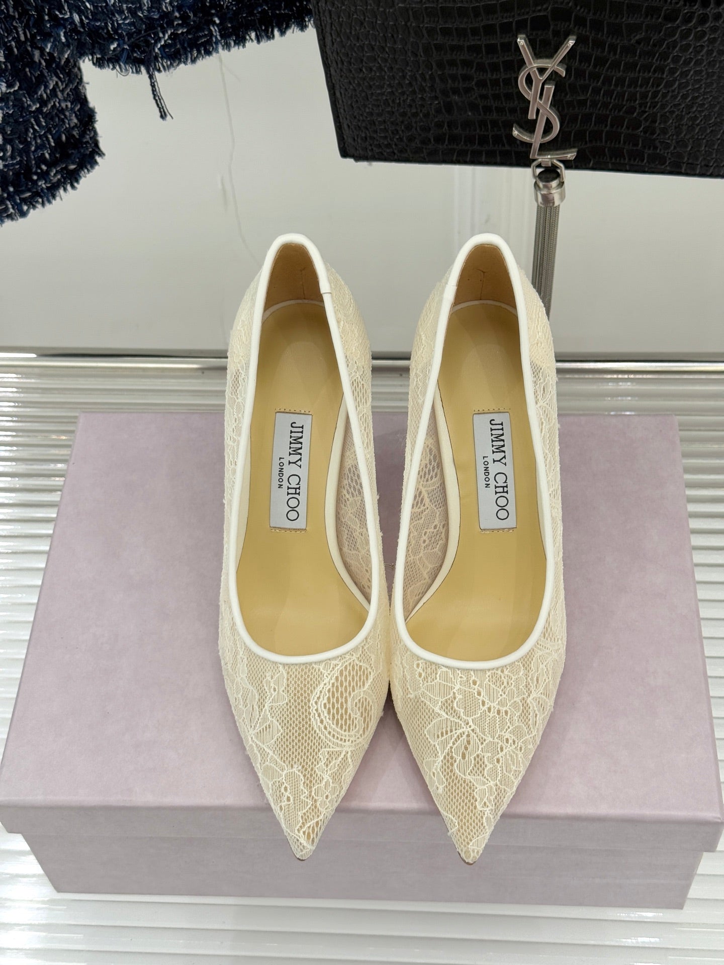 Jimmy Choo Classic Lace 65mm Pointed-Toe High Heels Ivory Sheepskin 573533