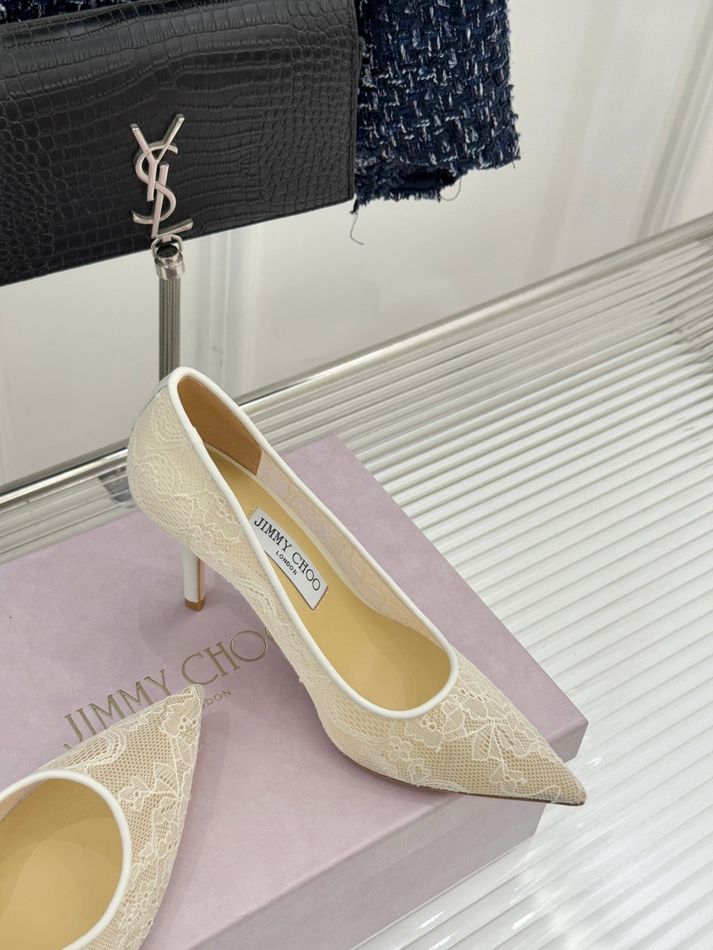 Jimmy Choo Classic Lace 65mm Pointed-Toe High Heels Ivory Sheepskin 573533