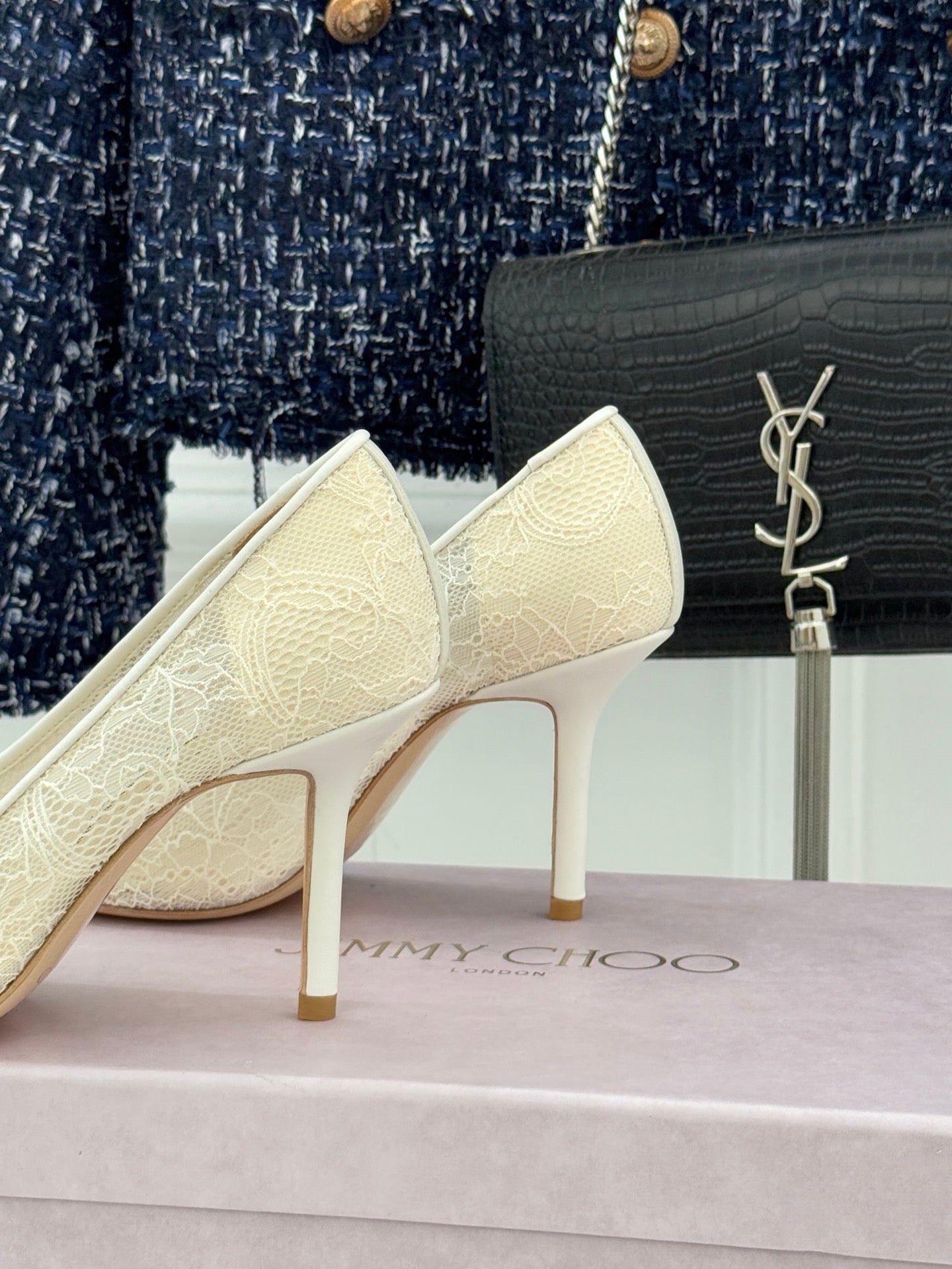 Jimmy Choo Classic Lace 65mm Pointed-Toe High Heels Ivory Sheepskin 573533