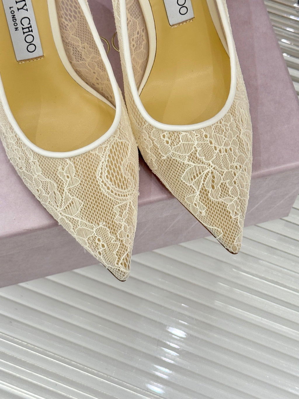 Jimmy Choo Classic Lace 65mm Pointed-Toe High Heels Ivory Sheepskin 573533