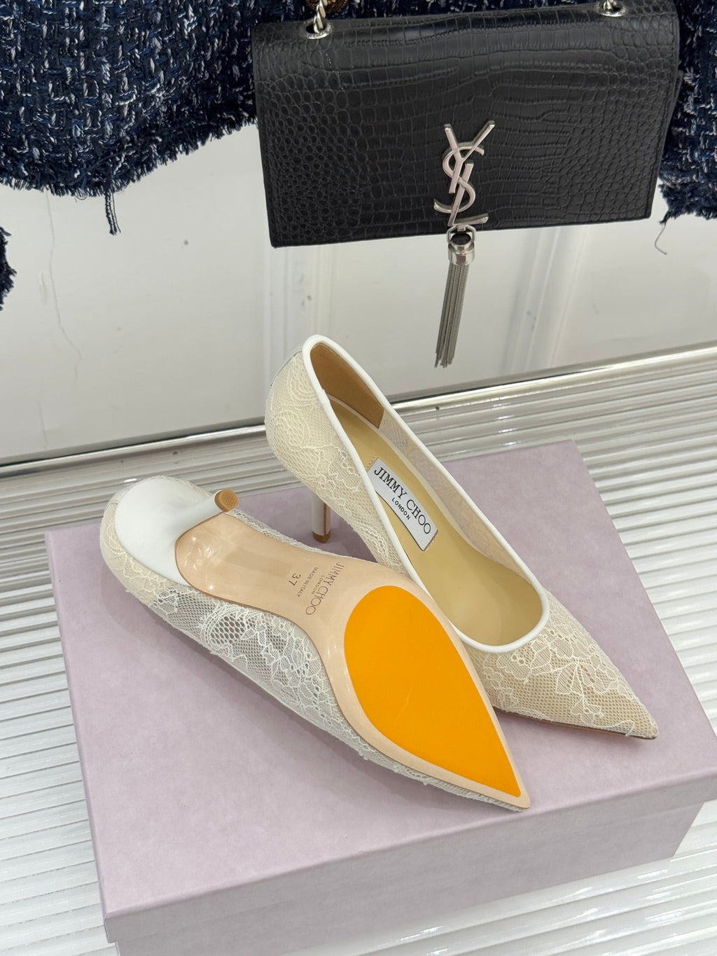 Jimmy Choo Classic Lace 65mm Pointed-Toe High Heels Ivory Sheepskin 573533