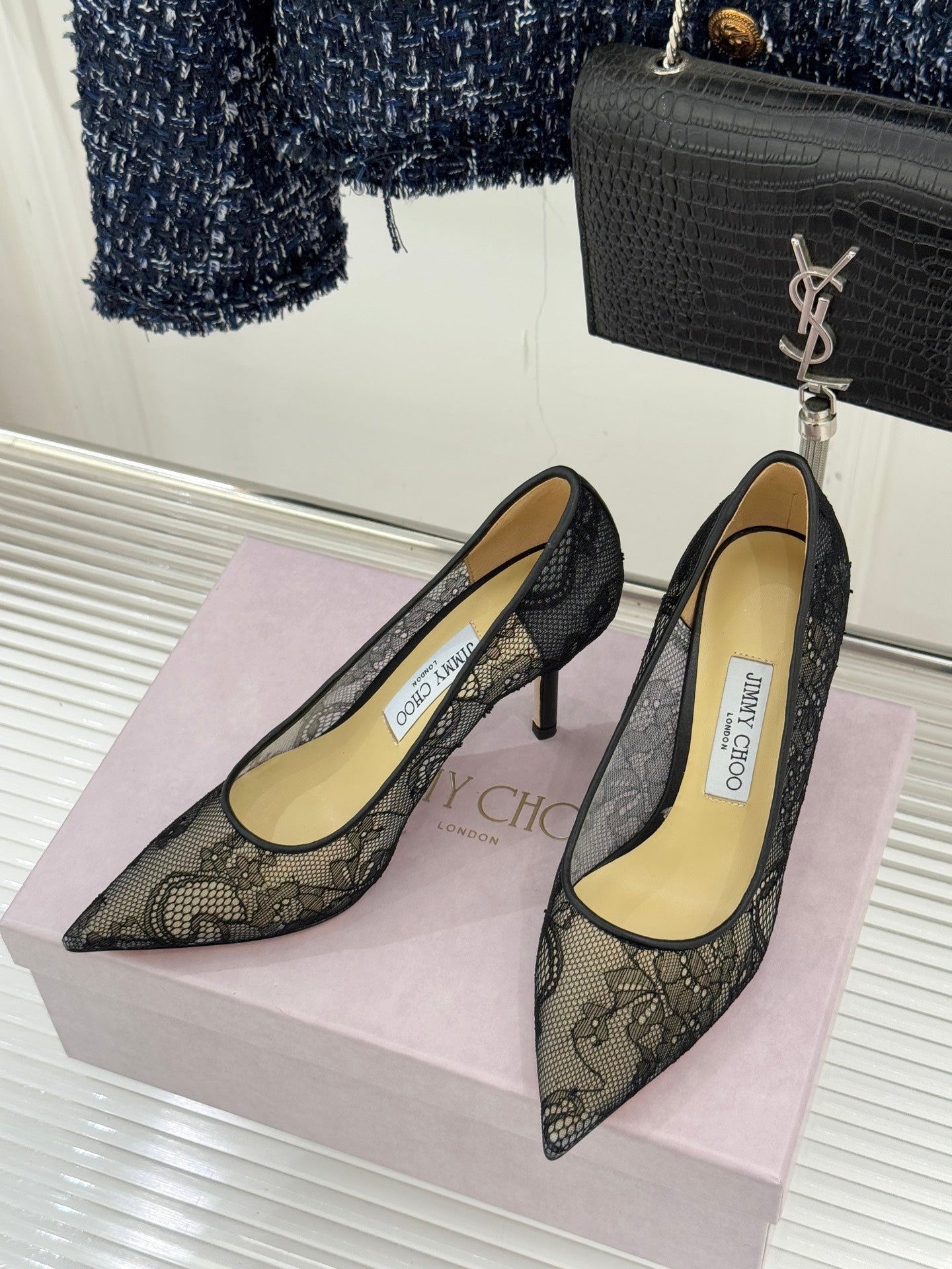 Jimmy Choo Classic Lace 65mm Pointed-Toe High Heels Black Sheepskin 573532