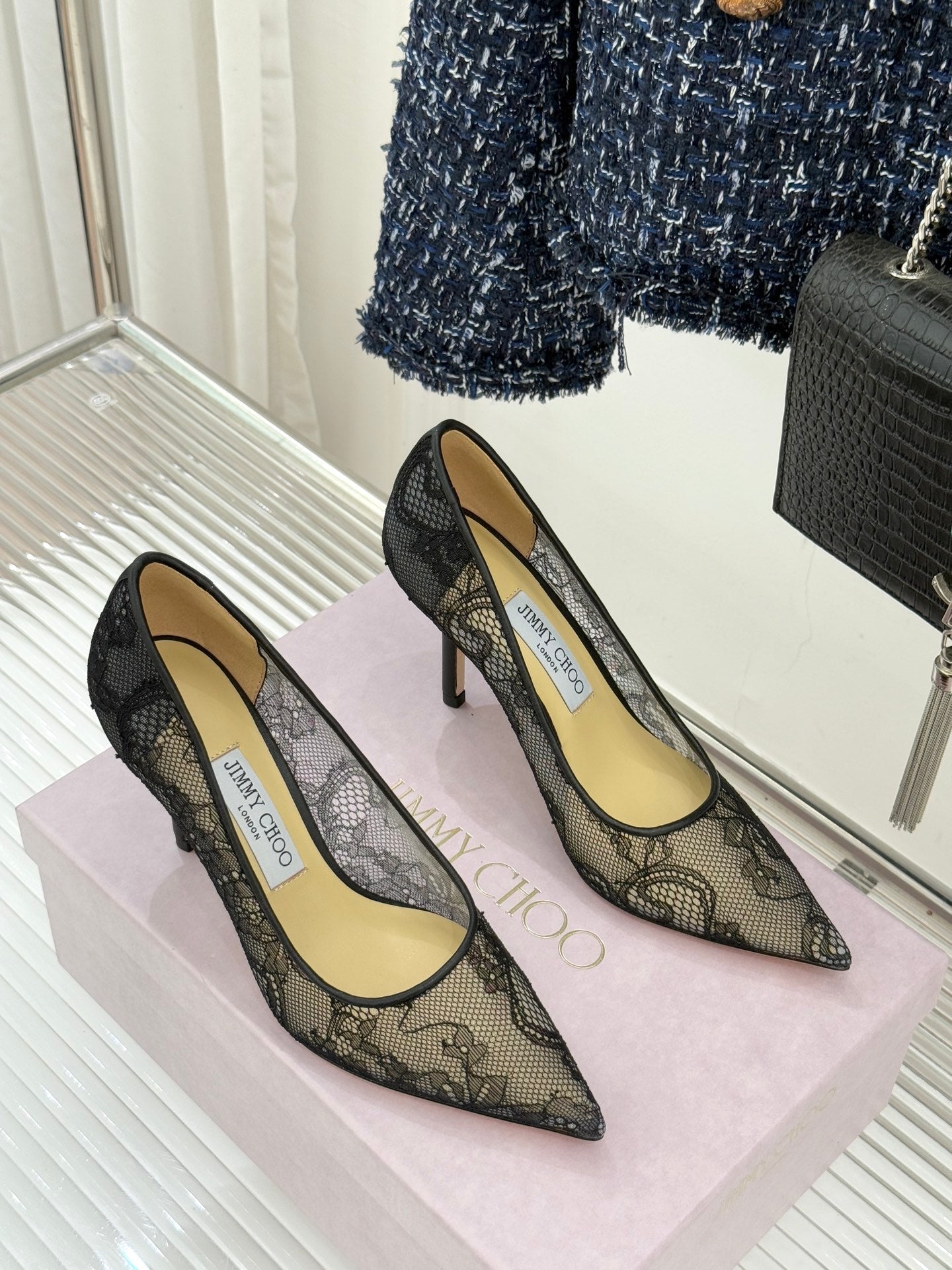 Jimmy Choo Classic Lace 65mm Pointed-Toe High Heels Black Sheepskin 573532