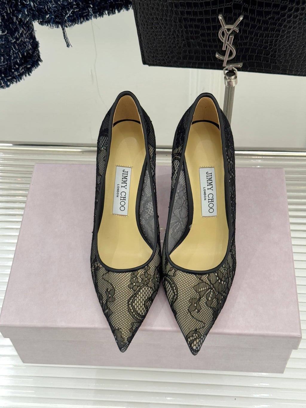 Jimmy Choo Classic Lace 65mm Pointed-Toe High Heels Black Sheepskin 573532