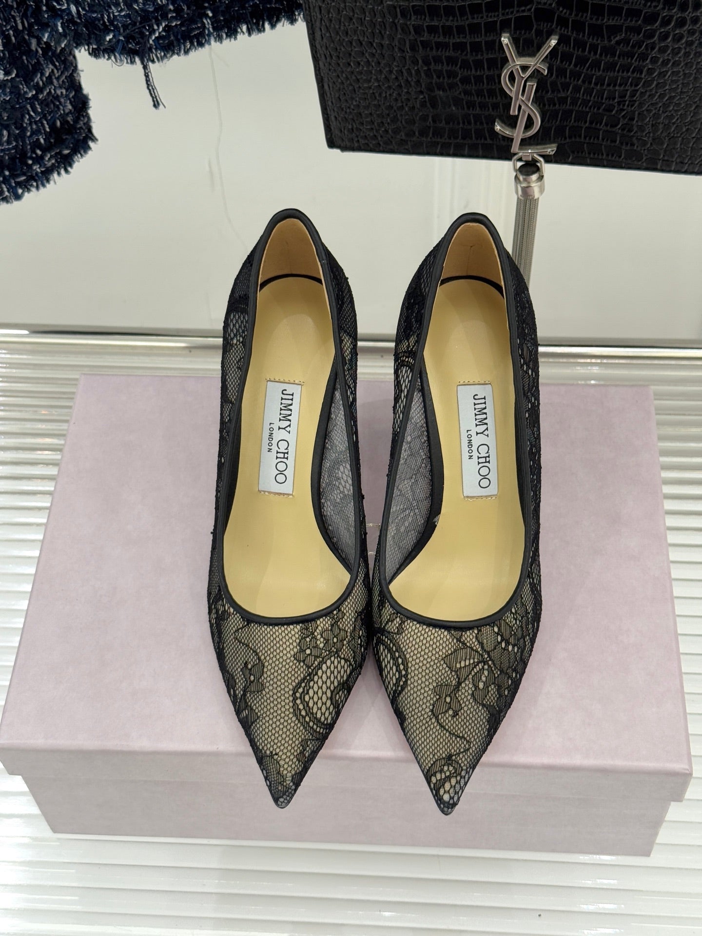 Jimmy Choo Classic Lace 65mm Pointed-Toe High Heels Black Sheepskin 573532