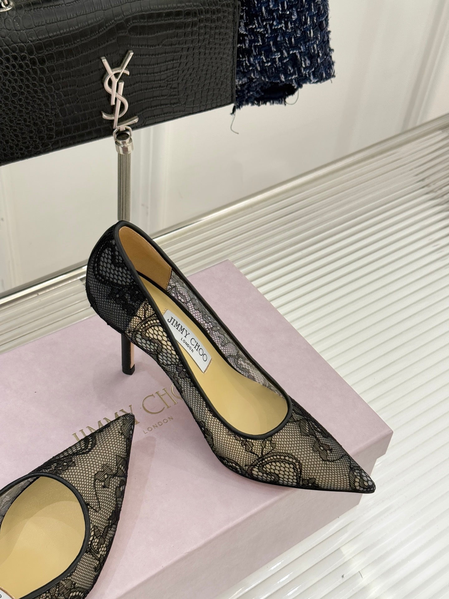 Jimmy Choo Classic Lace 65mm Pointed-Toe High Heels Black Sheepskin 573532