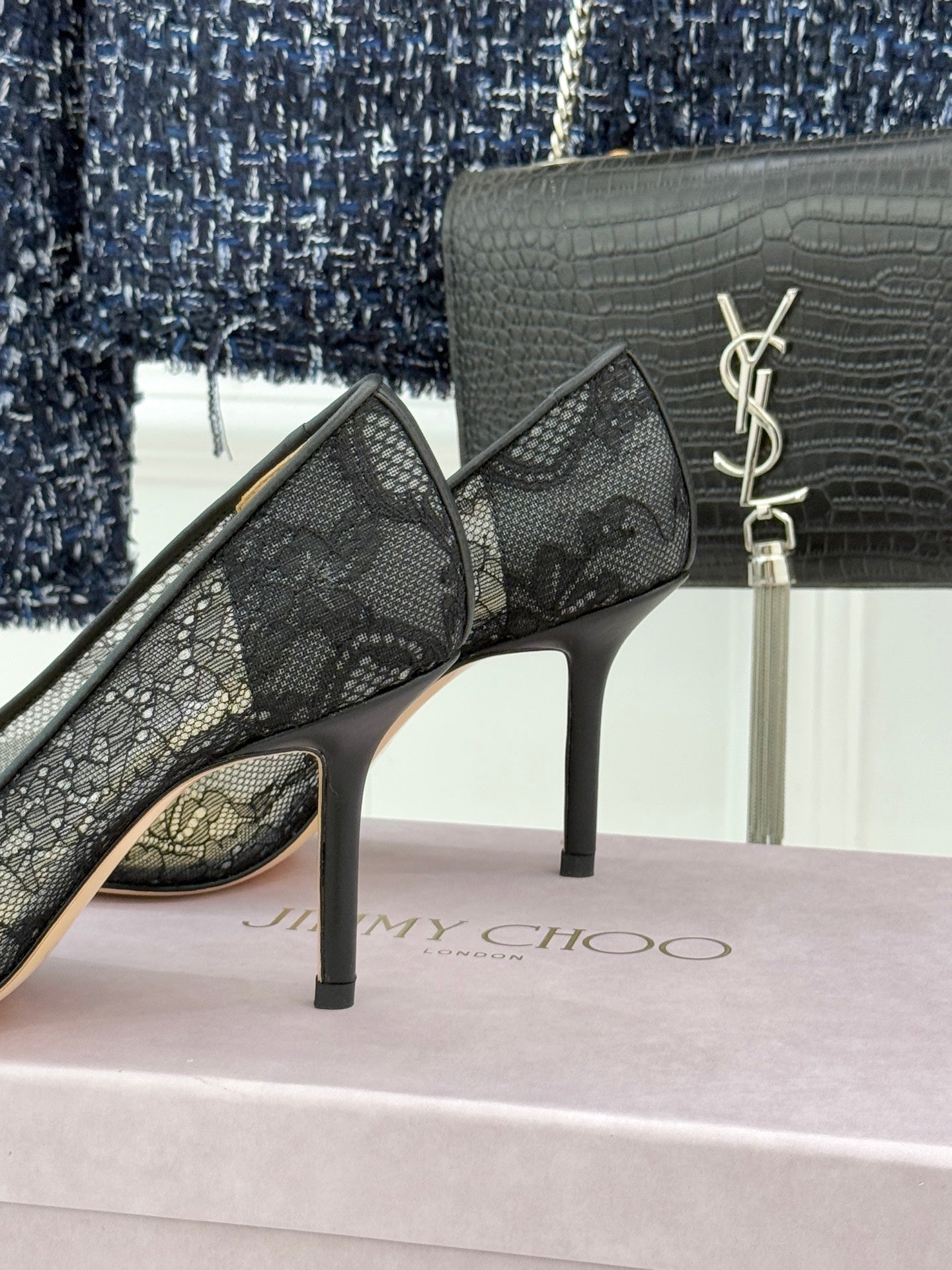 Jimmy Choo Classic Lace 65mm Pointed-Toe High Heels Black Sheepskin 573532