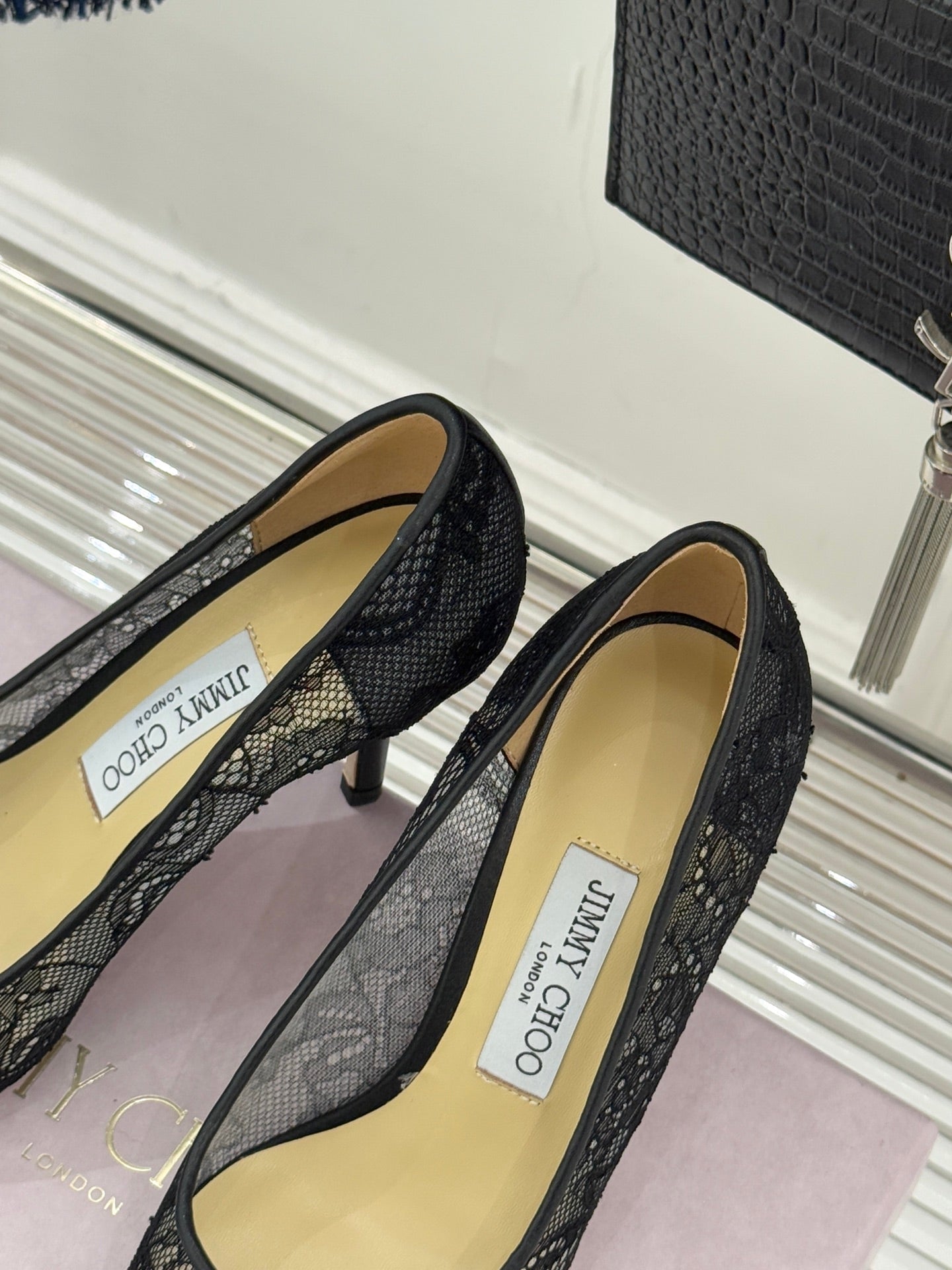 Jimmy Choo Classic Lace 65mm Pointed-Toe High Heels Black Sheepskin 573532