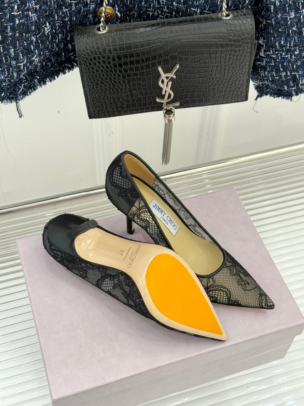 Jimmy Choo Classic Lace 65mm Pointed-Toe High Heels Black Sheepskin 573532