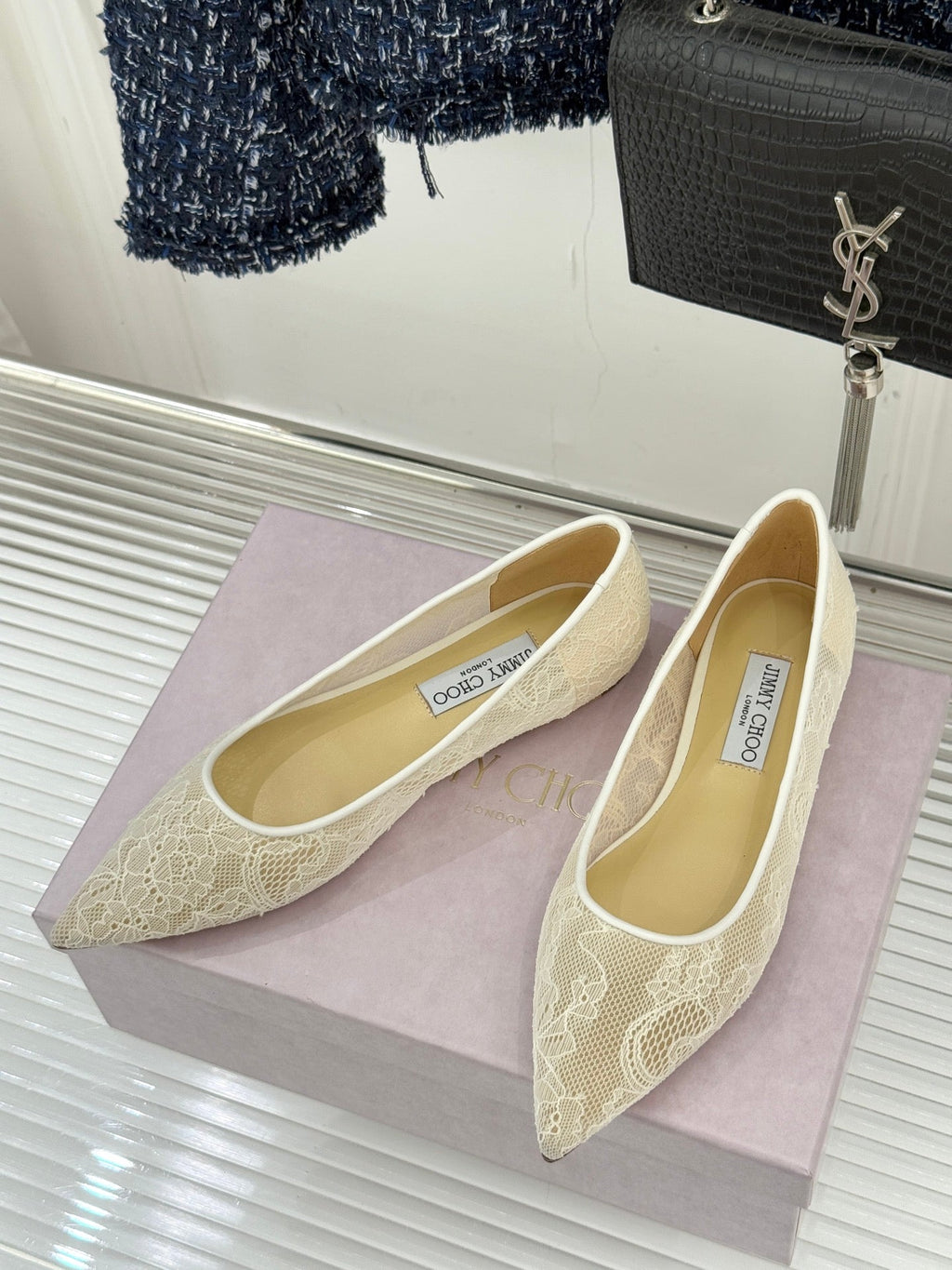 Jimmy Choo Classic Lace Pointed-Toe Ballet Flats Ivory Sheepskin 573527