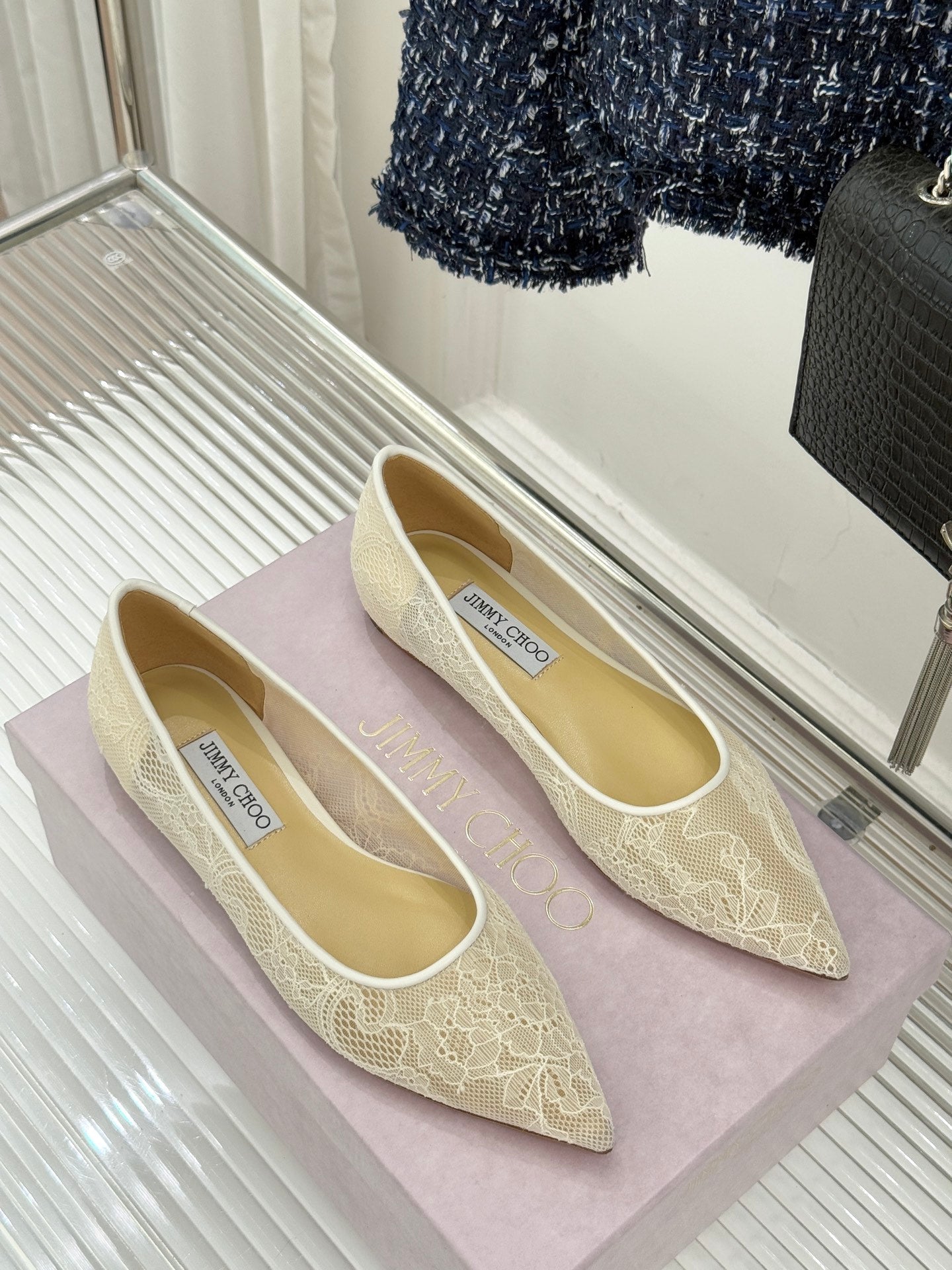 Jimmy Choo Classic Lace Pointed-Toe Ballet Flats Ivory Sheepskin 573527