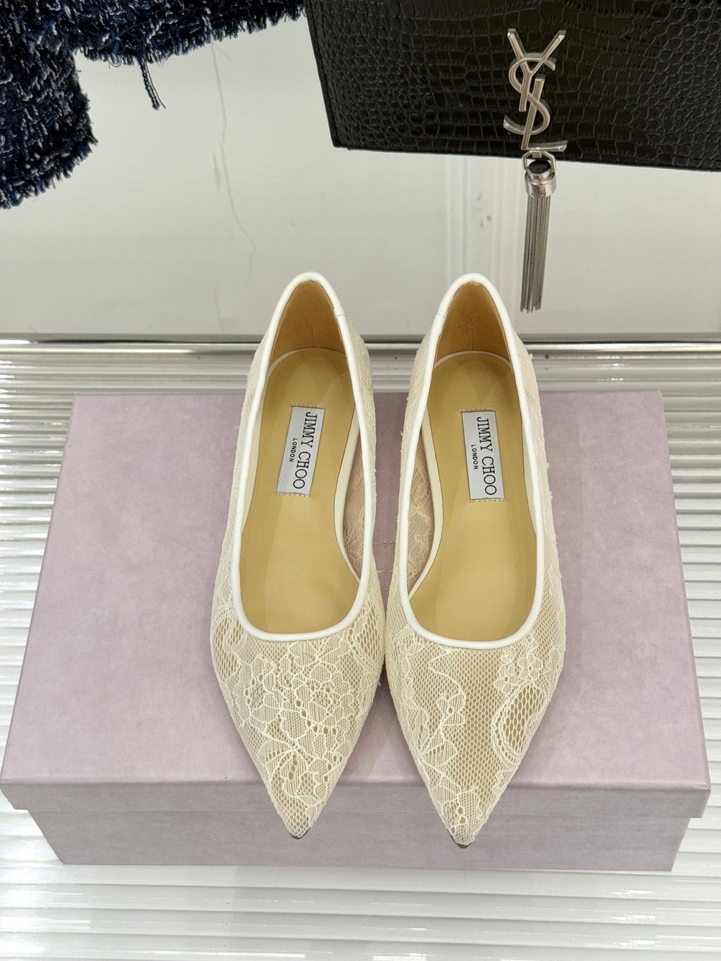 Jimmy Choo Classic Lace Pointed-Toe Ballet Flats Ivory Sheepskin 573527