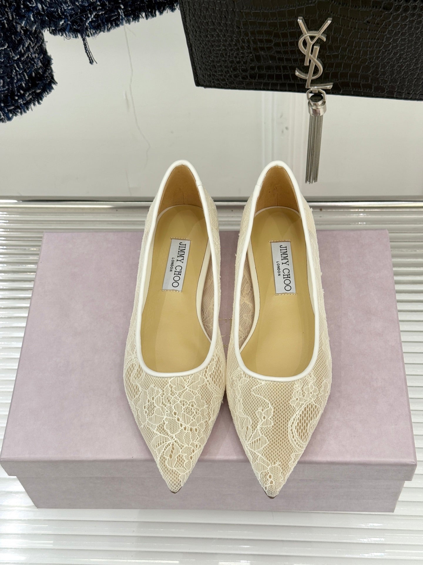 Jimmy Choo Classic Lace Pointed-Toe Ballet Flats Ivory Sheepskin 573527