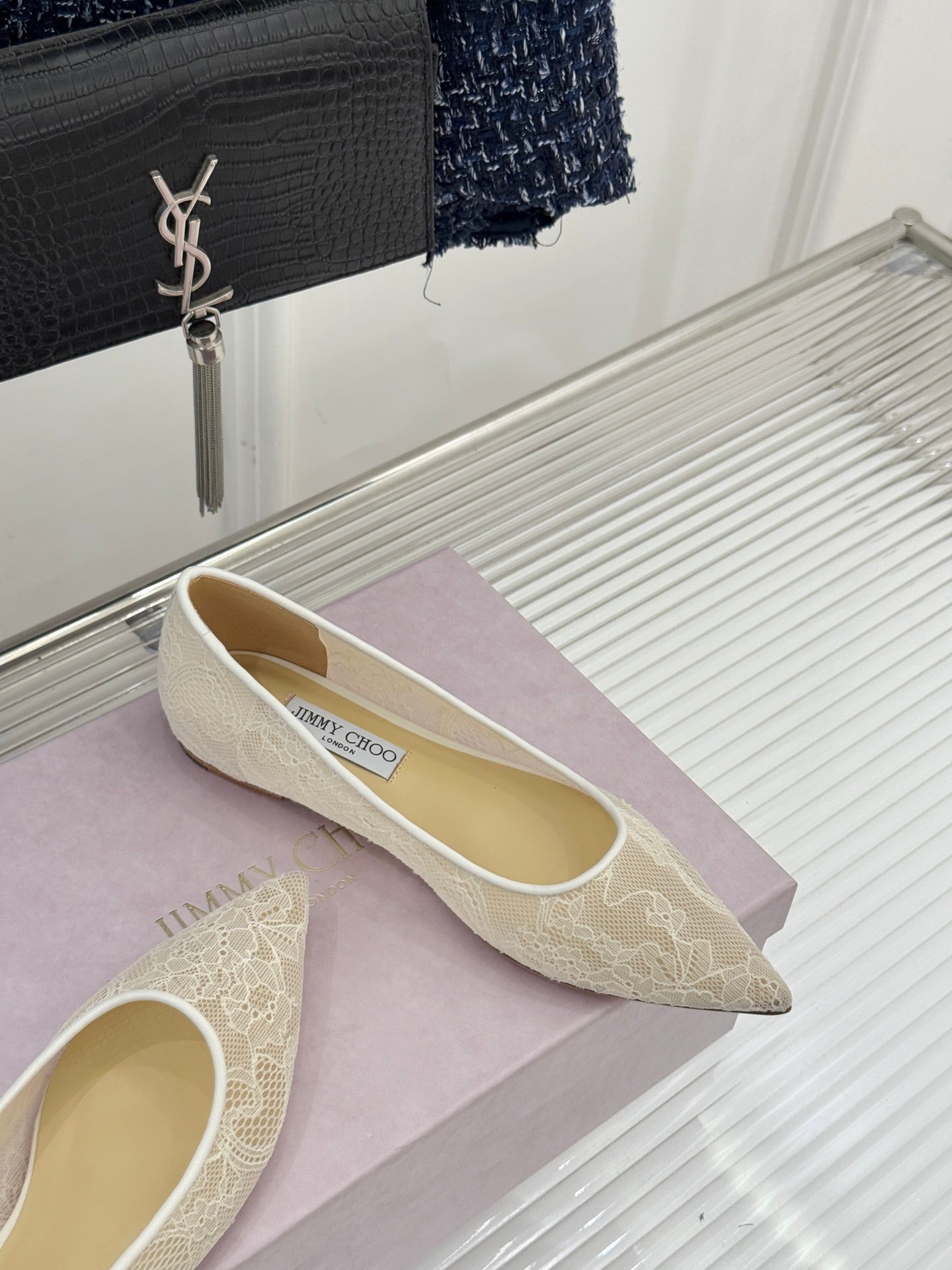 Jimmy Choo Classic Lace Pointed-Toe Ballet Flats Ivory Sheepskin 573527