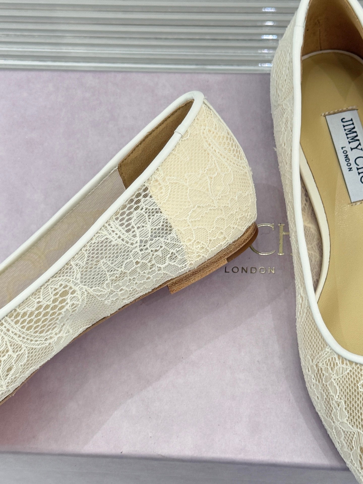 Jimmy Choo Classic Lace Pointed-Toe Ballet Flats Ivory Sheepskin 573527