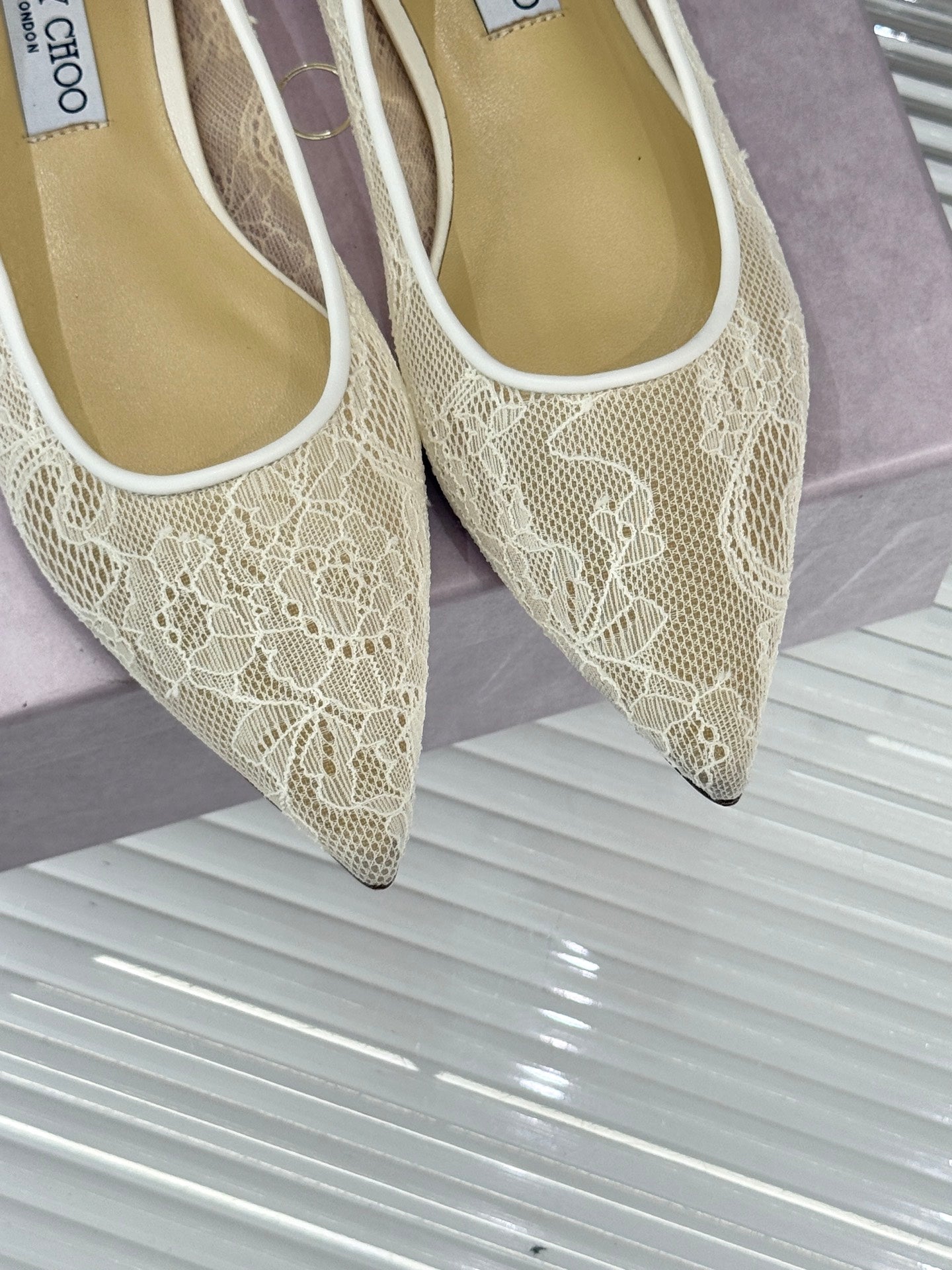 Jimmy Choo Classic Lace Pointed-Toe Ballet Flats Ivory Sheepskin 573527