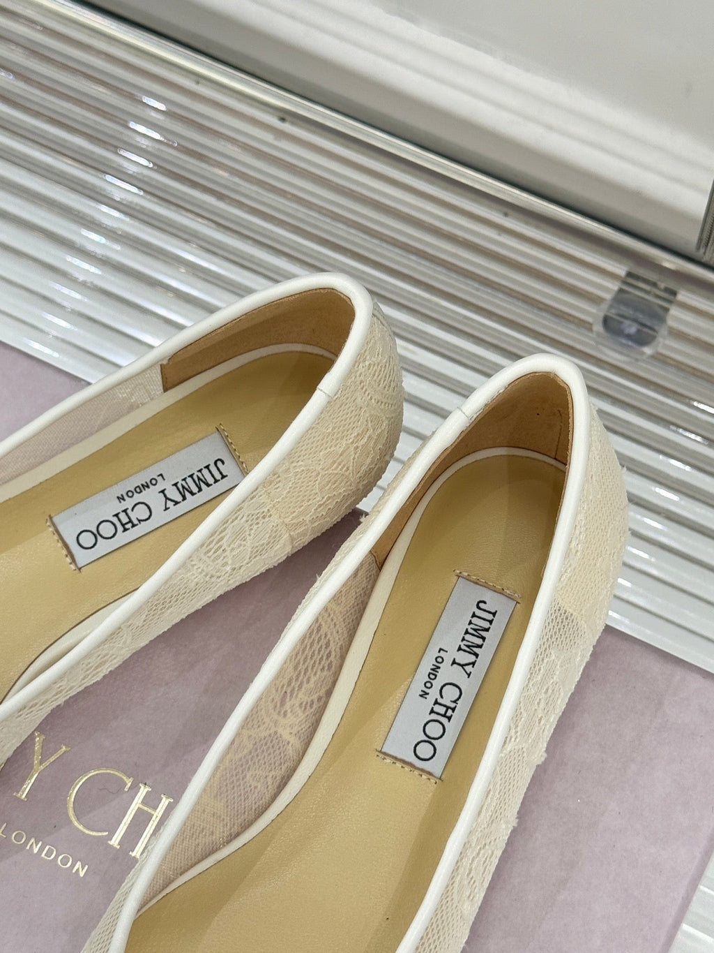 Jimmy Choo Classic Lace Pointed-Toe Ballet Flats Ivory Sheepskin 573527