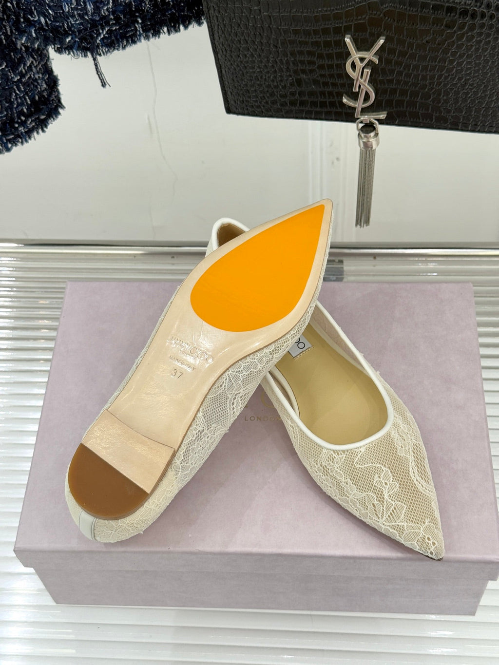 Jimmy Choo Classic Lace Pointed-Toe Ballet Flats Ivory Sheepskin 573527