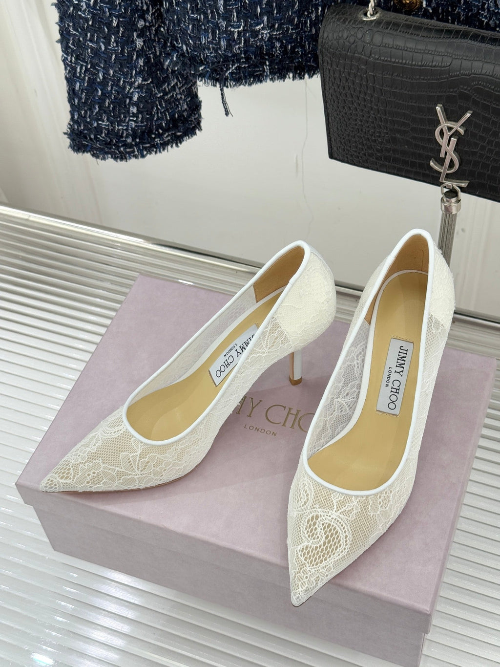 Jimmy Choo Classic Lace 65mm Pointed-Toe High Heels White Sheepskin 573531