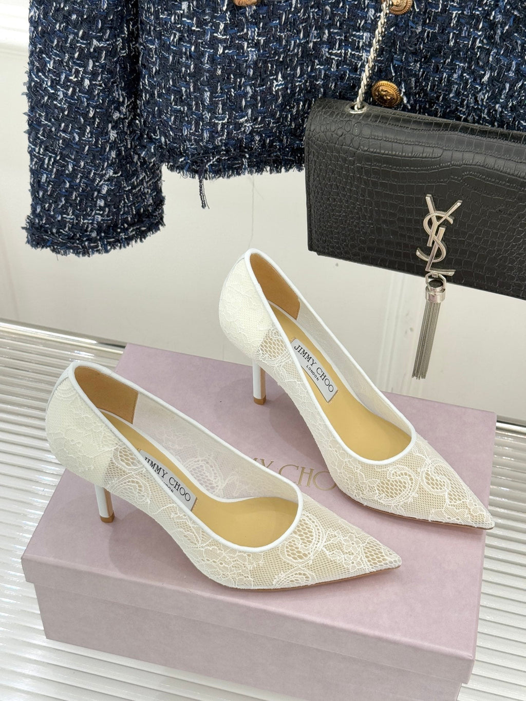 Jimmy Choo Classic Lace 65mm Pointed-Toe High Heels White Sheepskin 573531