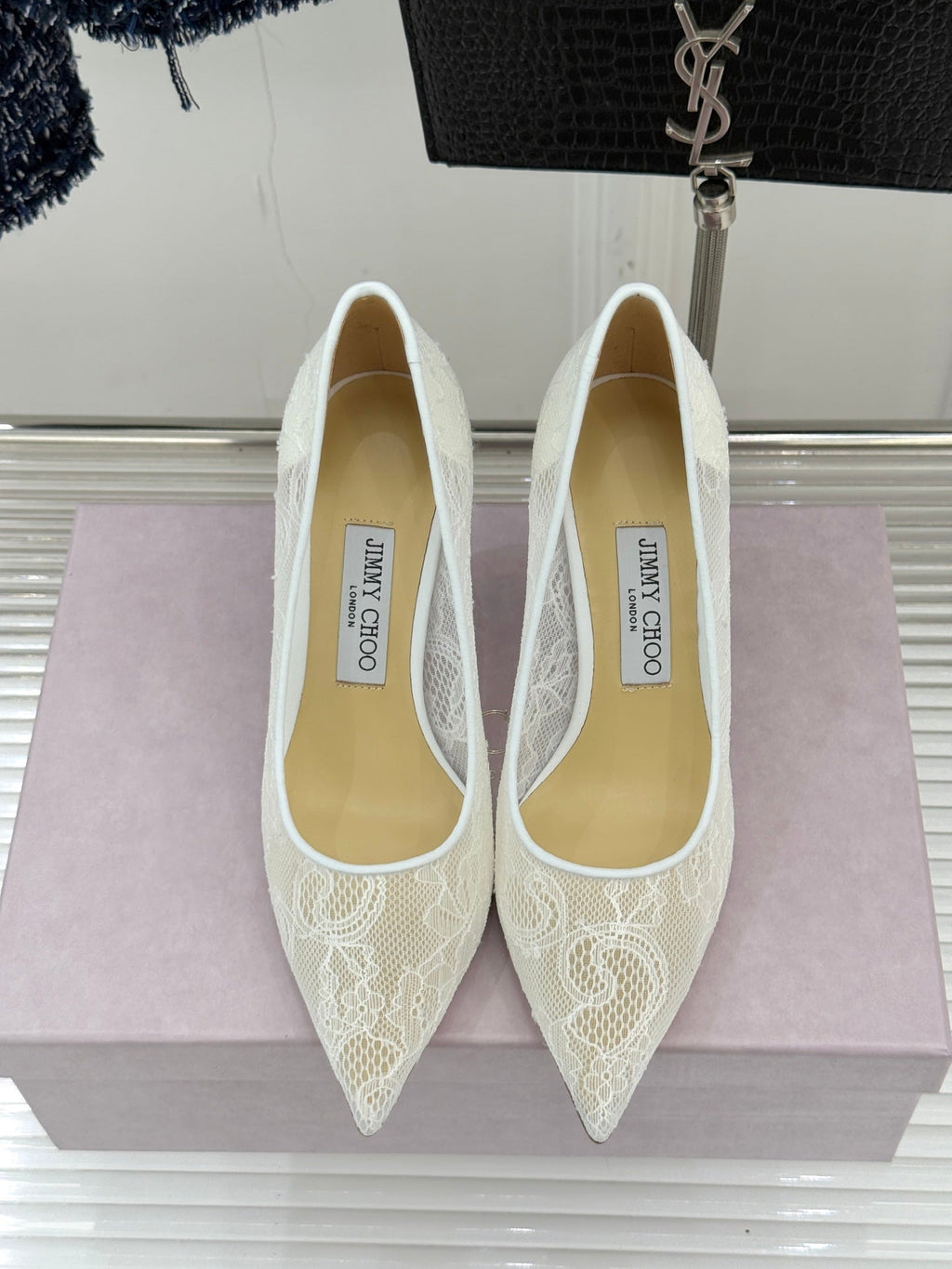 Jimmy Choo Classic Lace 65mm Pointed-Toe High Heels White Sheepskin 573531