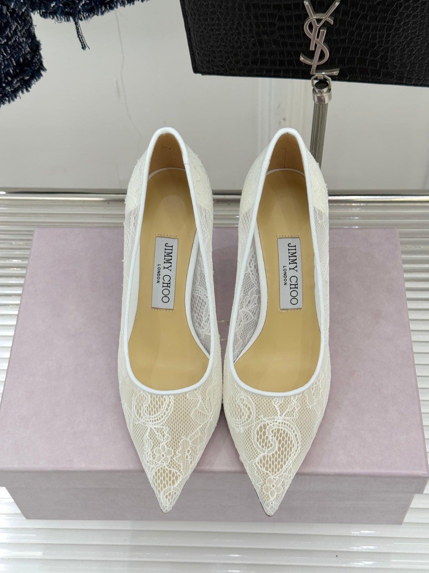 Jimmy Choo Classic Lace 65mm Pointed-Toe High Heels White Sheepskin 573531